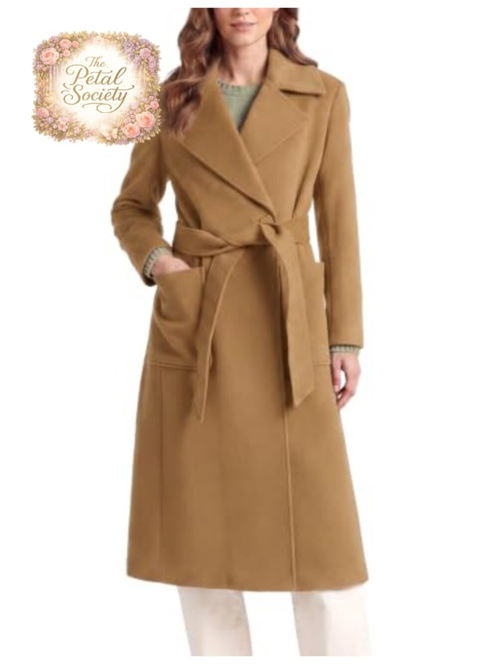 Wool Blend Wrap Coat Notch Lapel Belted Overcoat Maxi Peacoat